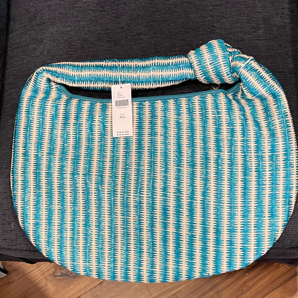 NWT..Melie Bianco Woven Teal and Cream Knot-Handle Shoulder Bag